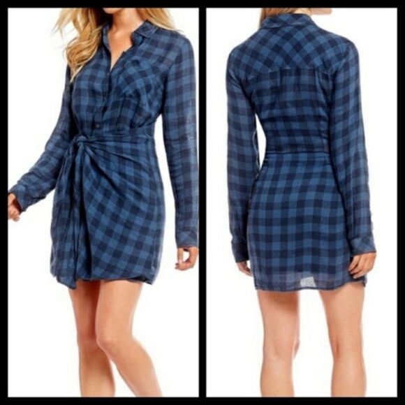 Sanctuary Blue Plaid Long Sleeve Linen Rayon Dress Small NWT - Picture 1 of 4